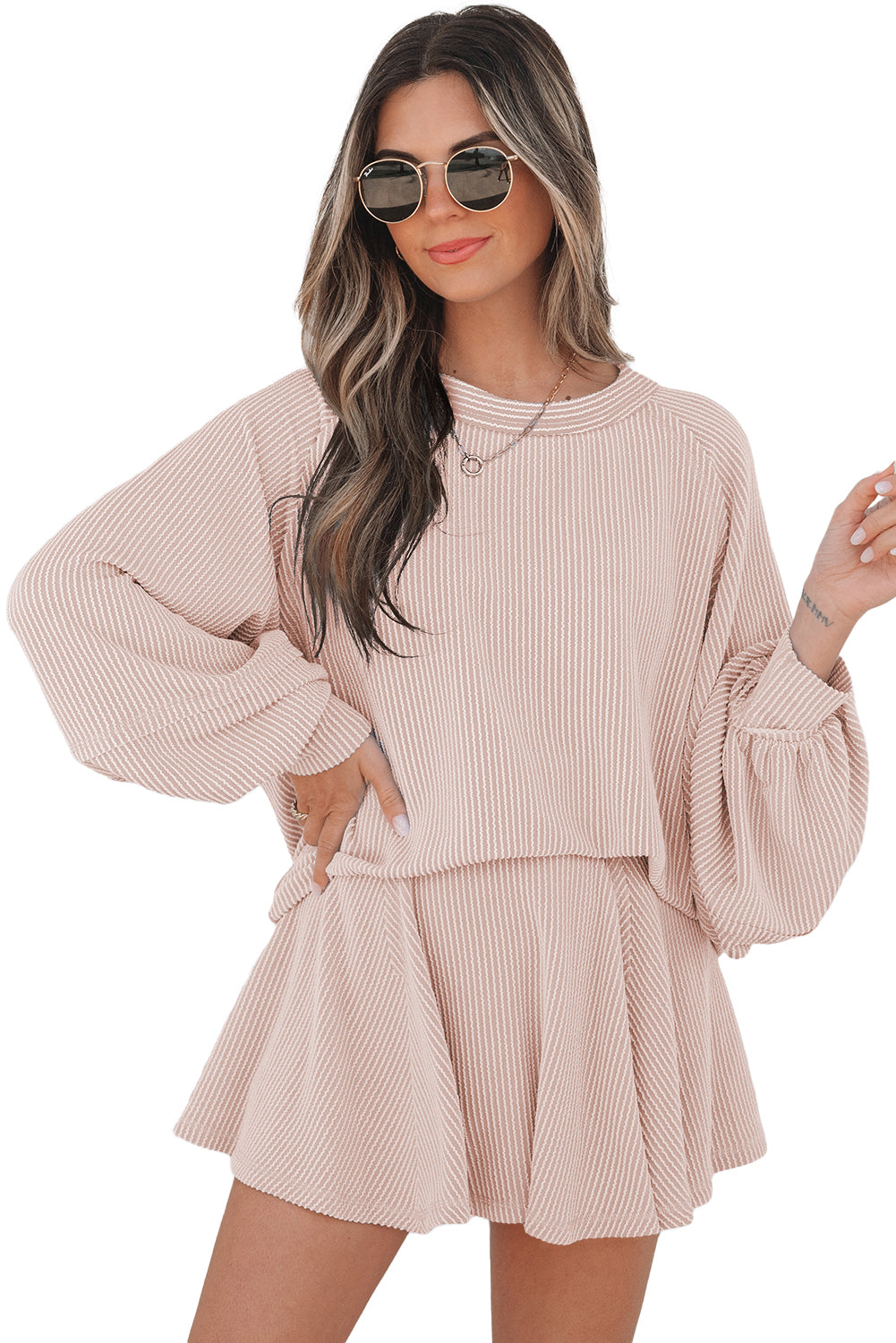 Sky Blue Corded Lantern Sleeve Top High Waist Ruffled Mini Skirt Set