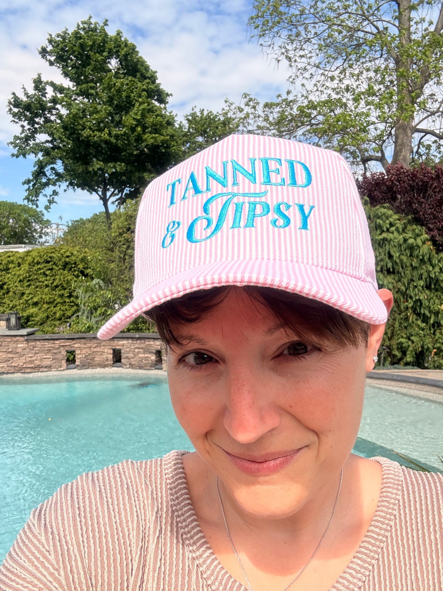 TANNED & TIPSY Embroidered Seersucker Stripe Trucker Hat
