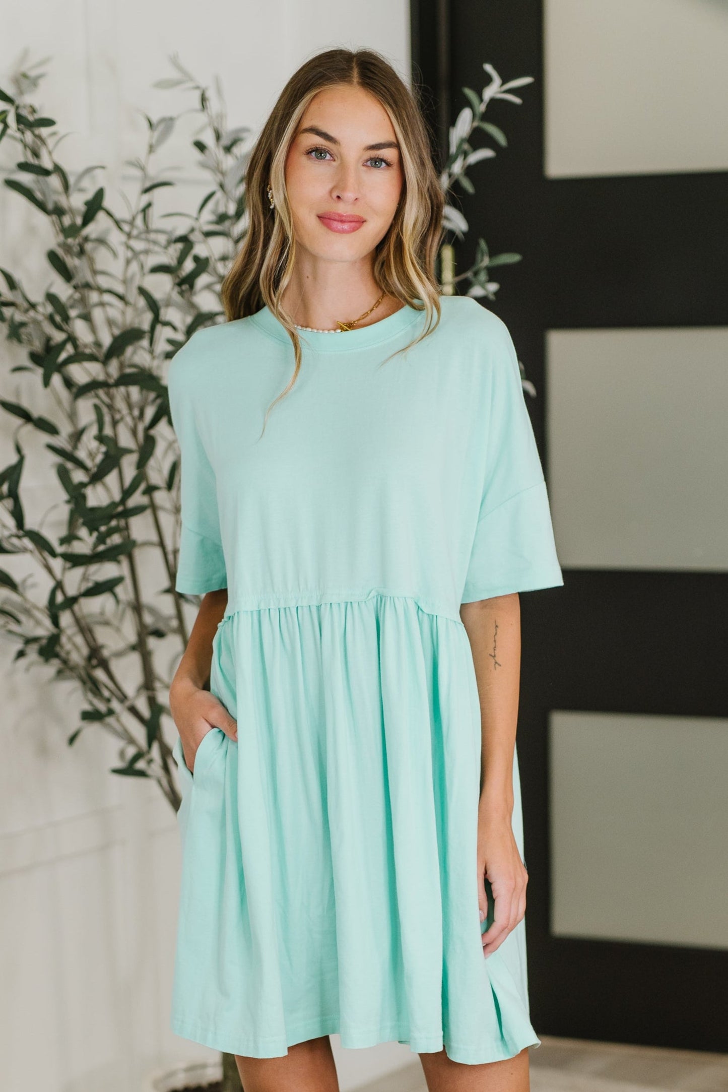 Relaxed Drop Shoulder Dress in Aqua