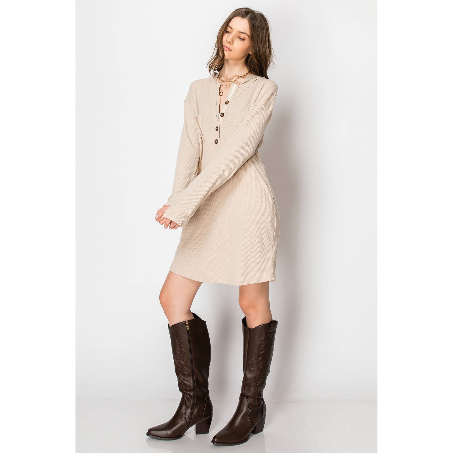 Waffle Knit Long Sleeve HOODIE DRESS With Pockets