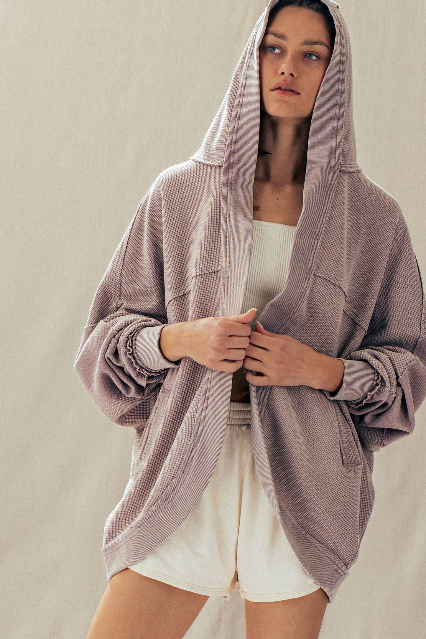 Washed Waffle Knit Hooded Cardigan