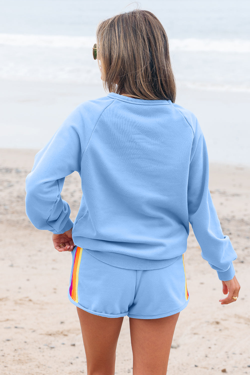 Bonbon Striped Accent Pullover and Shorts Two Piece Casual Set
