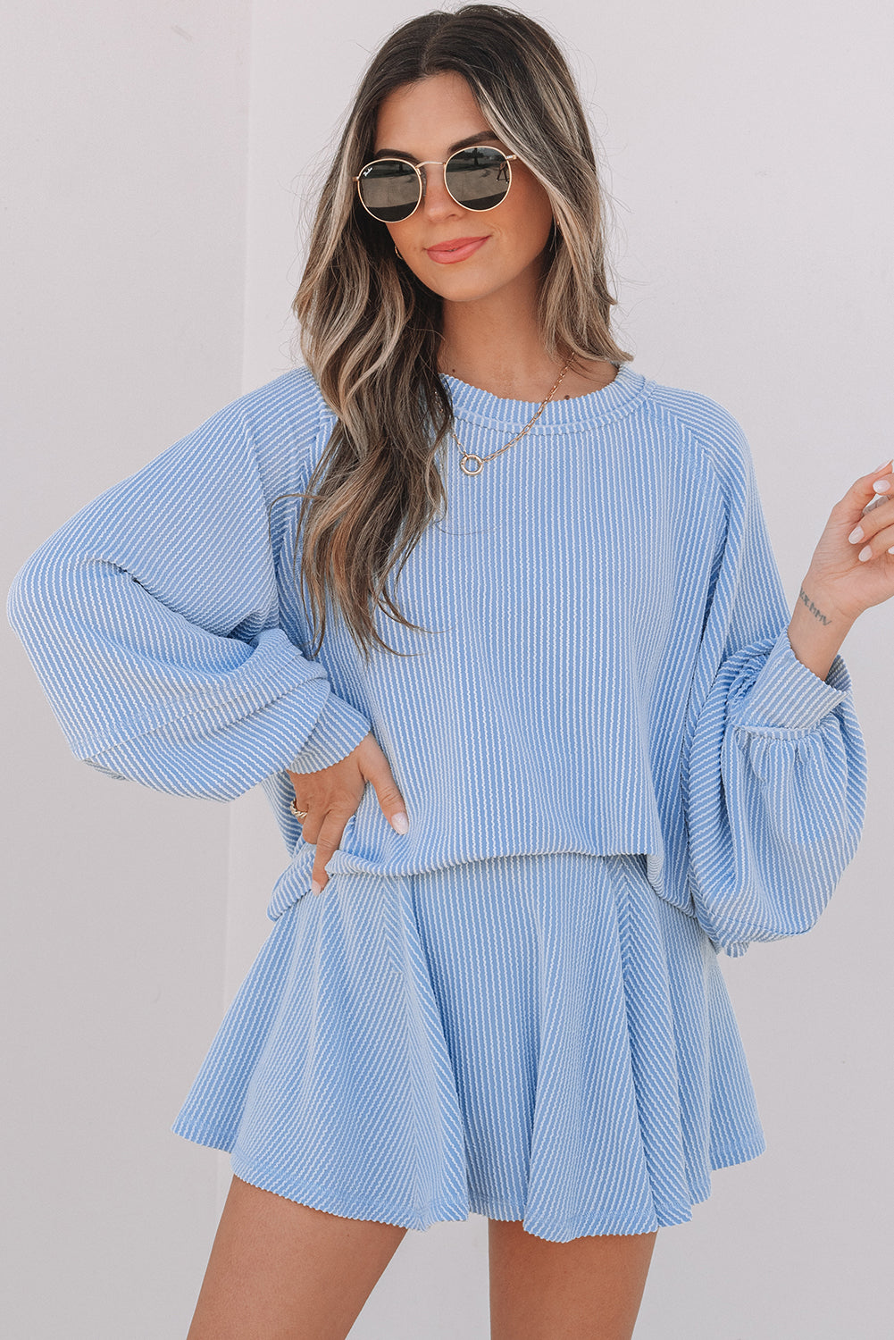 Sky Blue Corded Lantern Sleeve Top High Waist Ruffled Mini Skirt Set