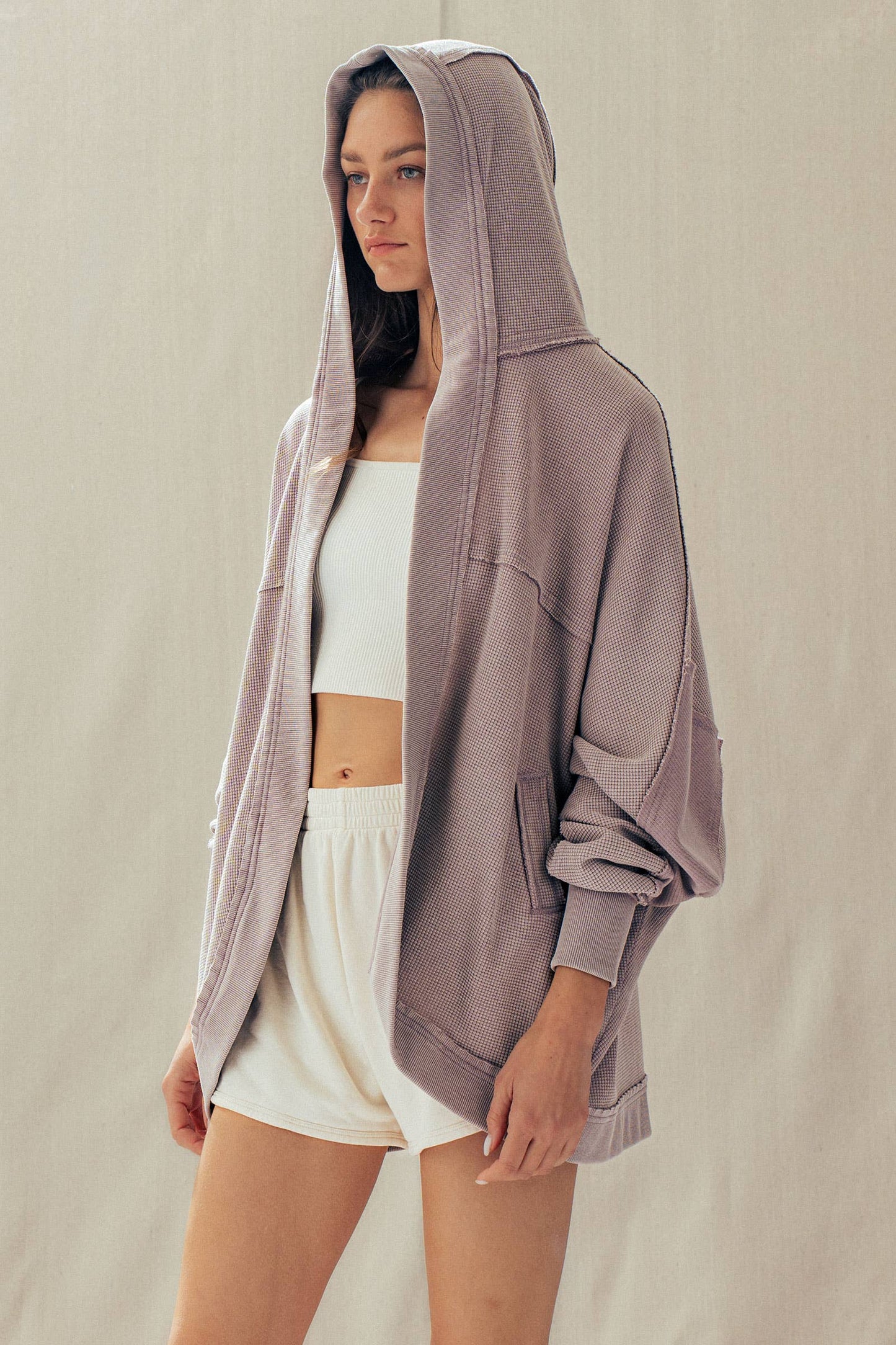 Washed Waffle Knit Hooded Cardigan