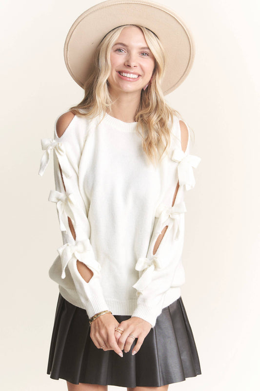 SLIT BOW TIE SLEEVE SWEATER