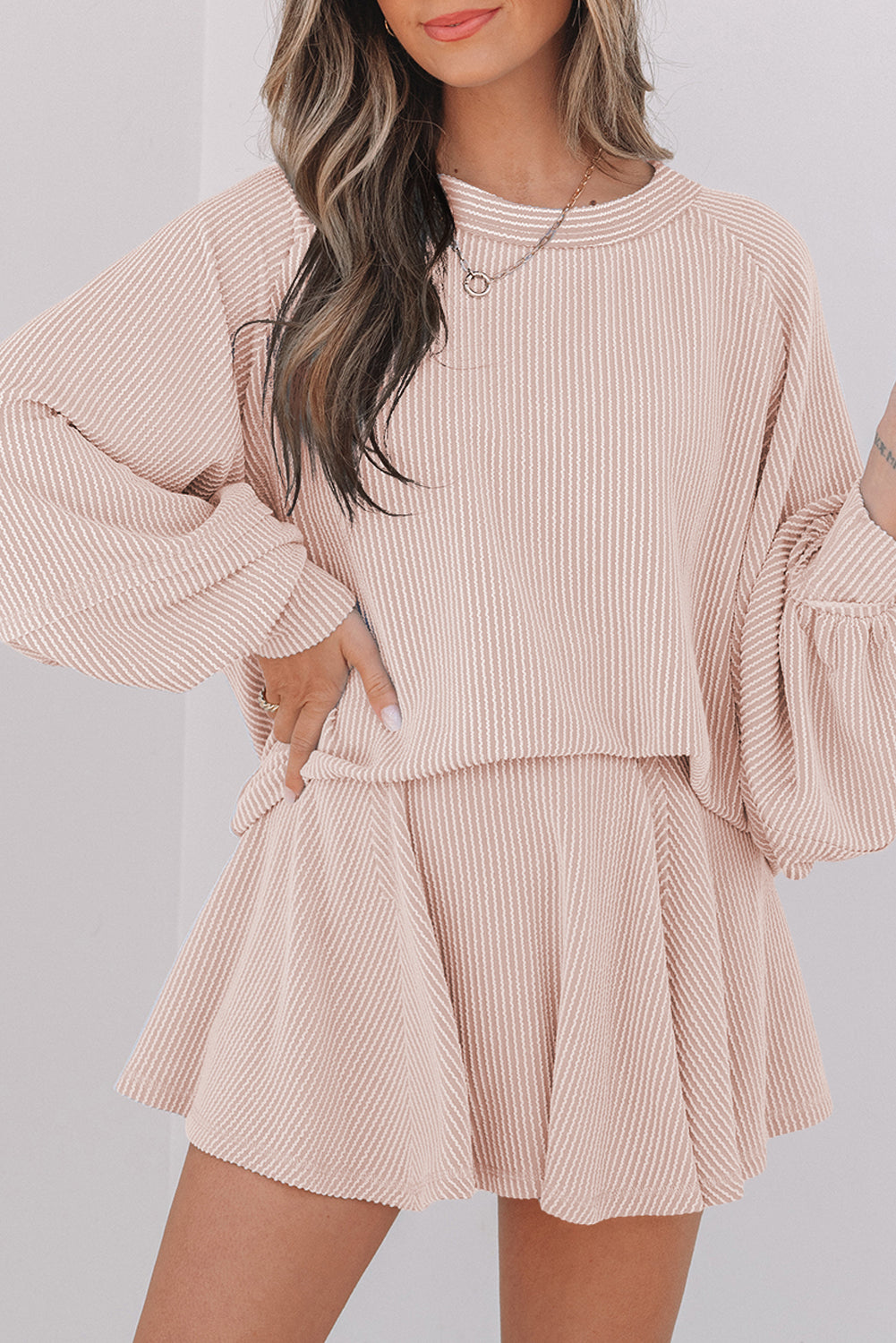 Sky Blue Corded Lantern Sleeve Top High Waist Ruffled Mini Skirt Set