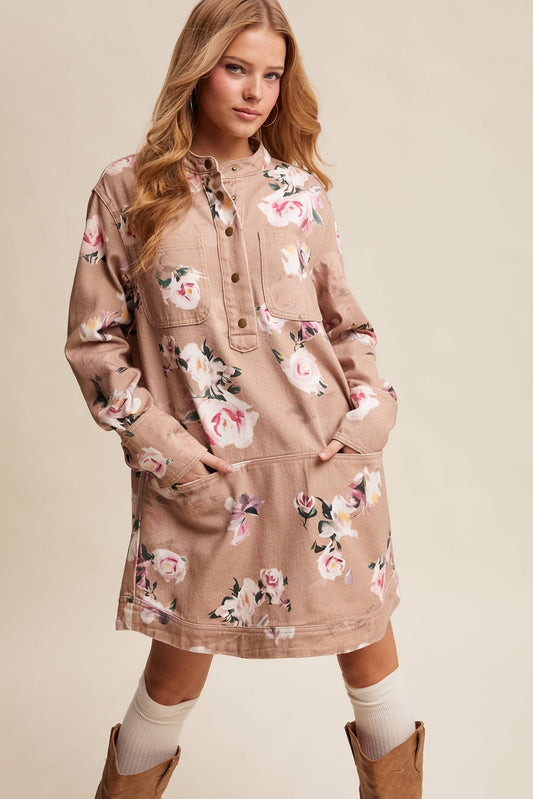 Floral Denim Pullover Mini Dress
