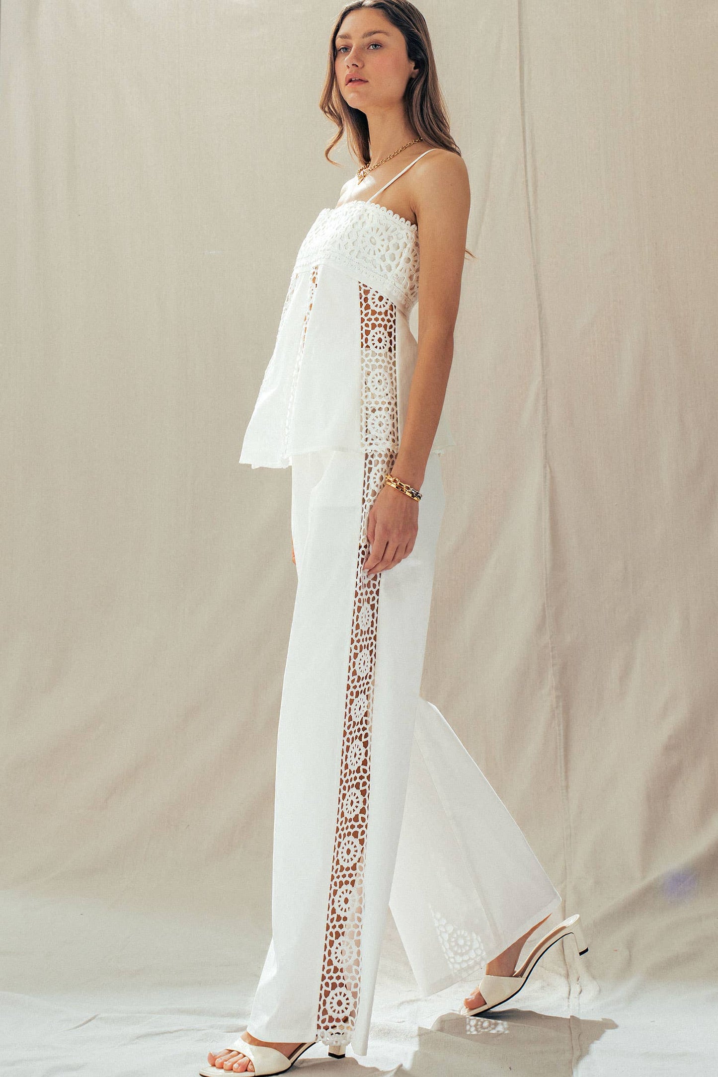 Cotton Eyelet Two-Piece Set Peplum Cami & Pants