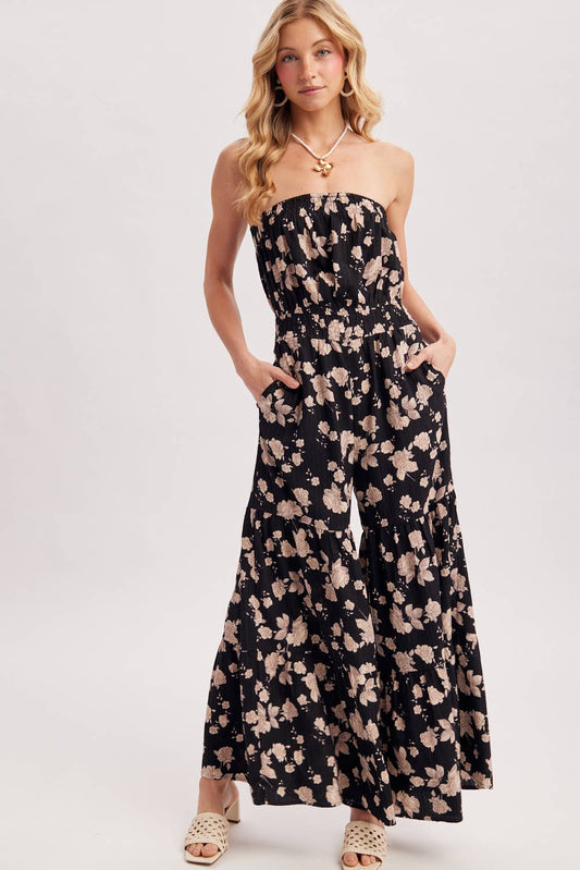 FLORAL PRINT SMOCKED TUBE TOP JUMPSUIT