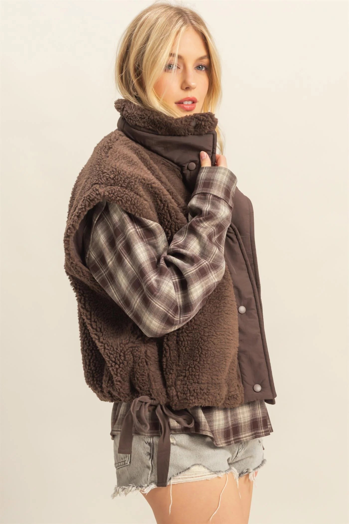 Cozy Sherpa Vest Jacket with Tie-Up Side Details
